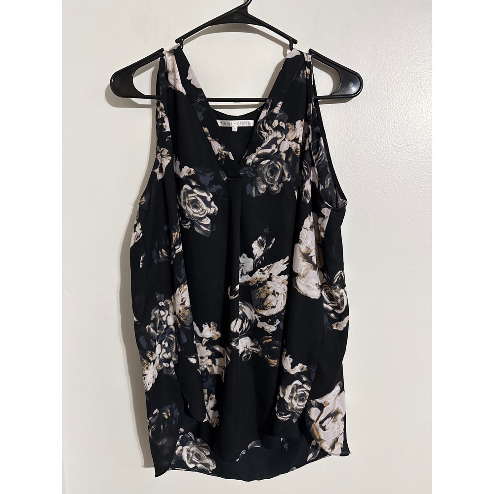 Violet + Claire Black Floral Sleeveless V-Neck Blouse Top XL RN79508